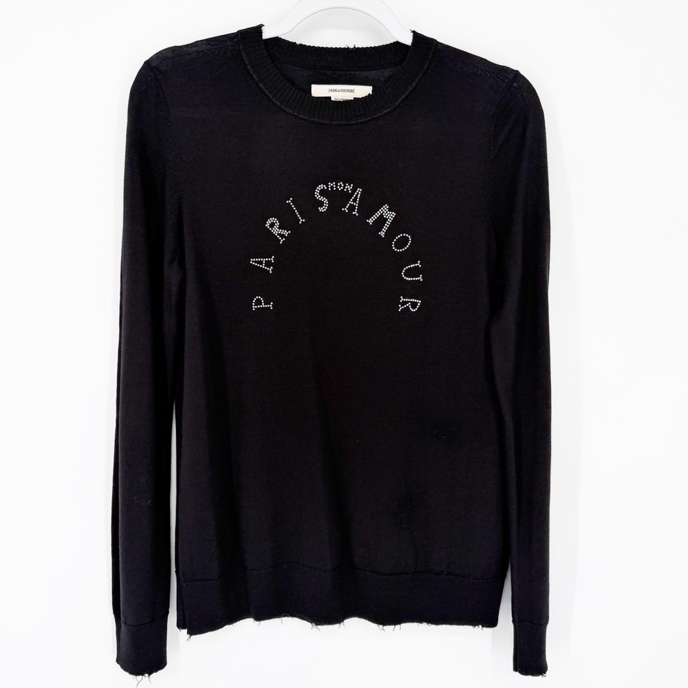ZADIG & VOLTAIRE Embellished Merino Wool Sweater Black Paris Mon Amour Small